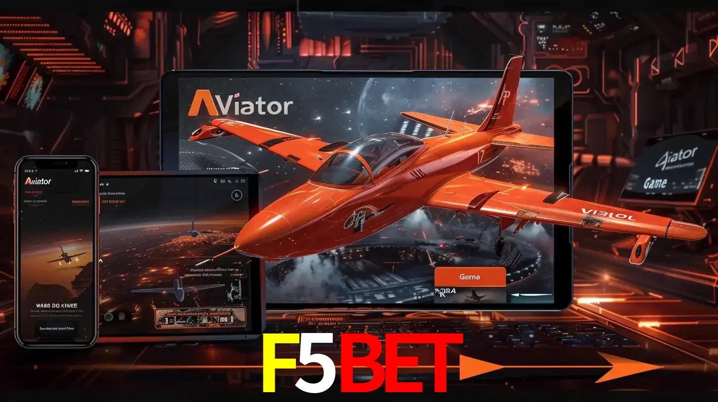 Apresentação tecnológica do jogo Aviator com um avião saindo da tela de um tablet, demonstrando a experiência imersiva em múltiplos dispositivos no F5BET.