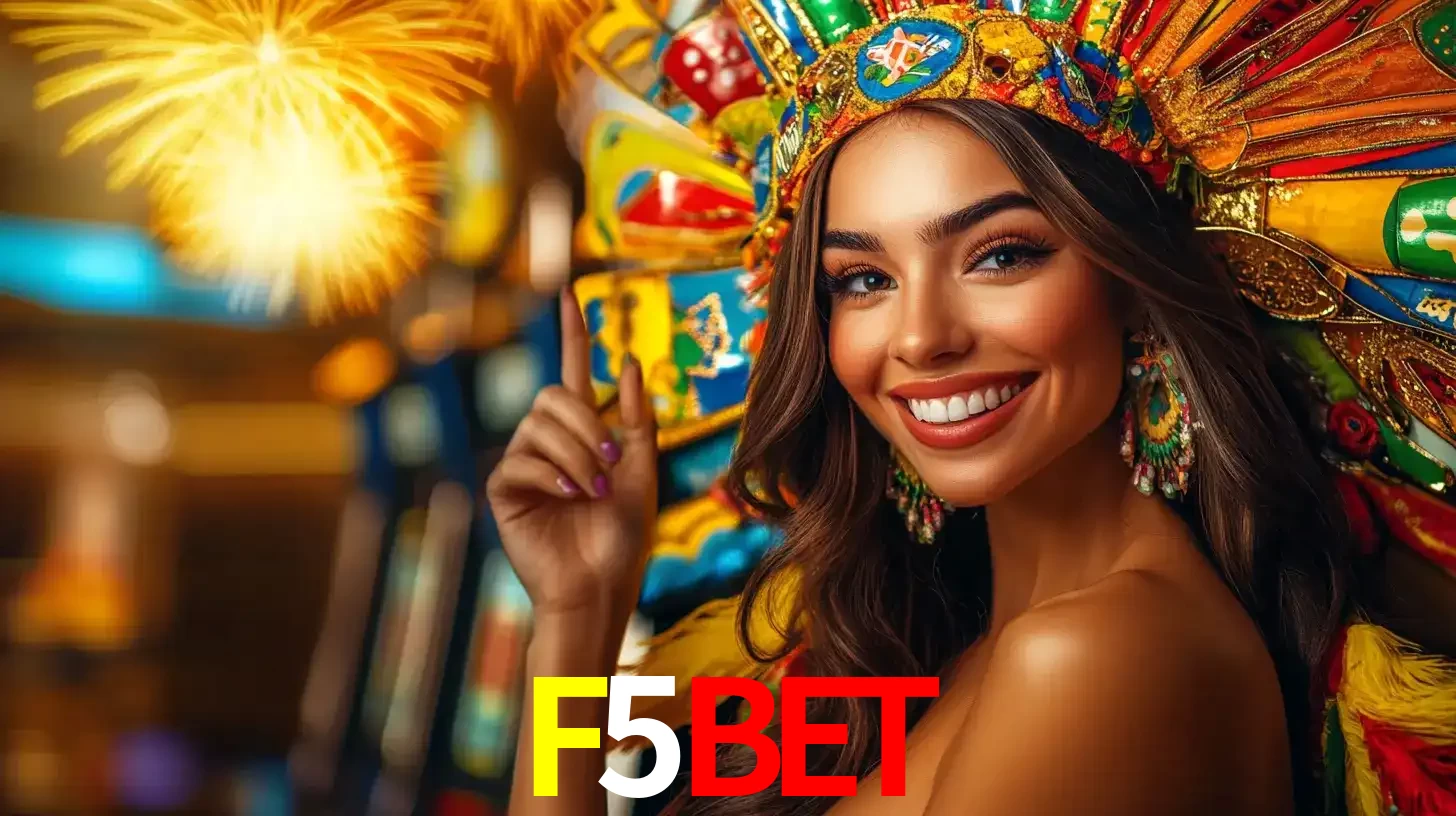 Mulher sorridente com um cocar de carnaval vibrante e colorido, celebrando uma grande vitória nos jogos do cassino F5BET com fogos de artifício ao fundo.