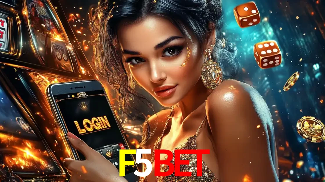 Mulher glamourosa segurando um celular com a tela de login do cassino F5BET, rodeada por dados e moedas douradas, pronta para começar a diversão.