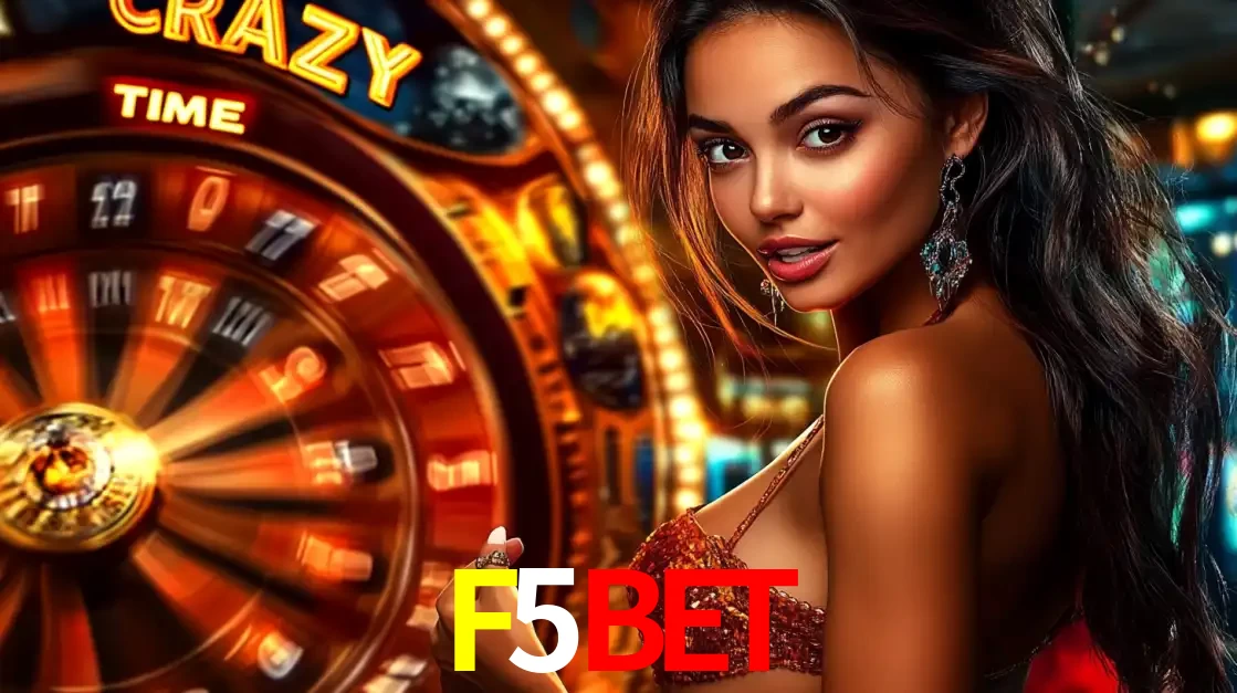 Mulher ao lado da roda de prêmios do jogo de cassino ao vivo Crazy Time, um dos shows de jogos mais emocionantes oferecidos pela plataforma de apostas F5BET.