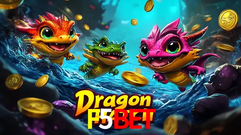 Arte promocional do jogo Dragon Hatch com três adoráveis dragões bebês nadando entre moedas de ouro, um dos slots mais divertidos para jogar no cassino F5BET.