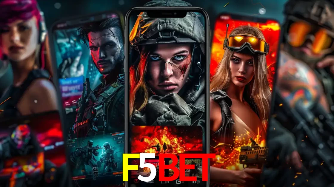 Montagem de telas de celular mostrando diversos personagens, masculinos e femininos, de um jogo de tiro, ilustrando a diversidade de equipes de e-sports para apostar no F5BET.