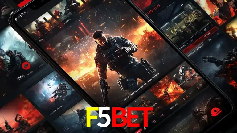 Tela de um celular exibindo uma galeria de jogos de tiro com temática militar, mostrando a variedade de e-sports disponíveis para apostas na plataforma de entretenimento F5BET.