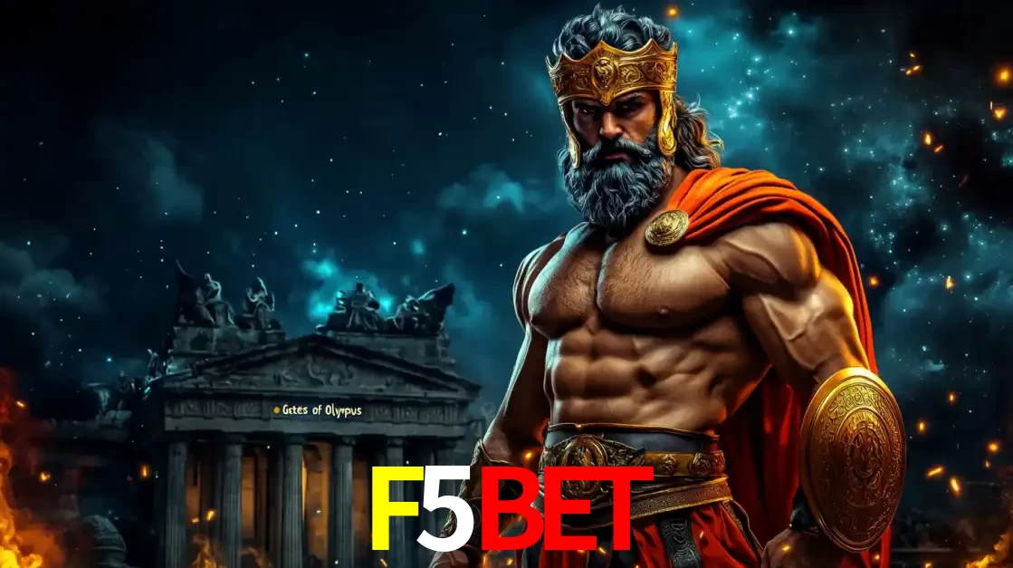 O poderoso Zeus do jogo de slot Gates of Olympus em frente ao seu templo, pronto para lançar multiplicadores divinos e prêmios épicos no cassino online F5BET.