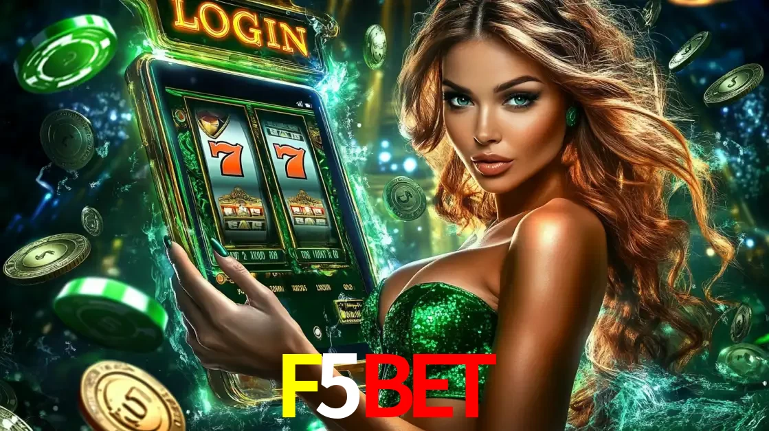 Mulher com tema verde apresentando o aplicativo do cassino F5BET com um jogo de slot de 777, cercada por fichas de cassino e uma aura de sorte.