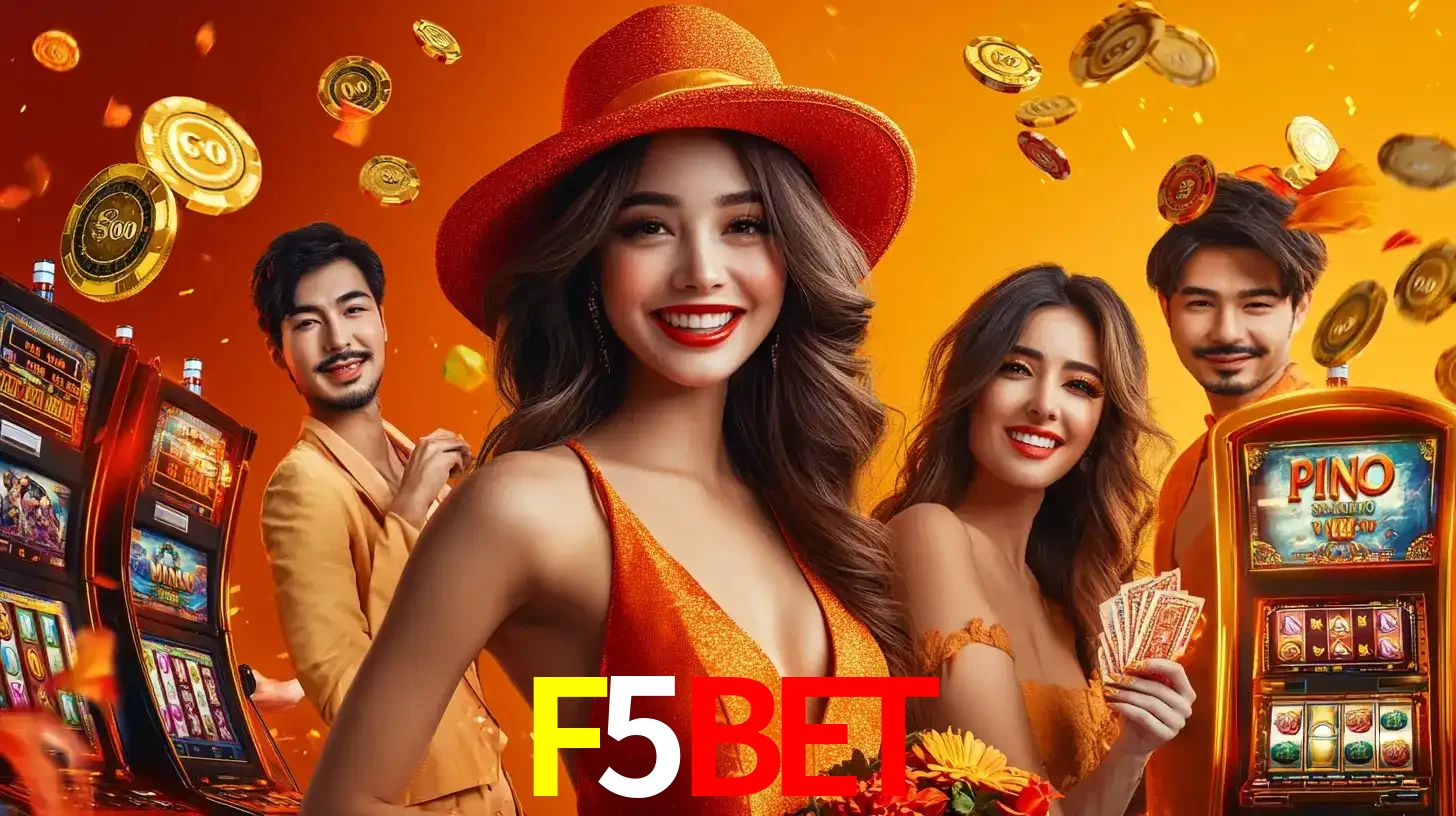 Grupo de amigos asiáticos sorrindo e se divertindo com máquinas de caça-níqueis em um ambiente festivo, celebrando suas vitórias nos jogos de cassino do F5BET.