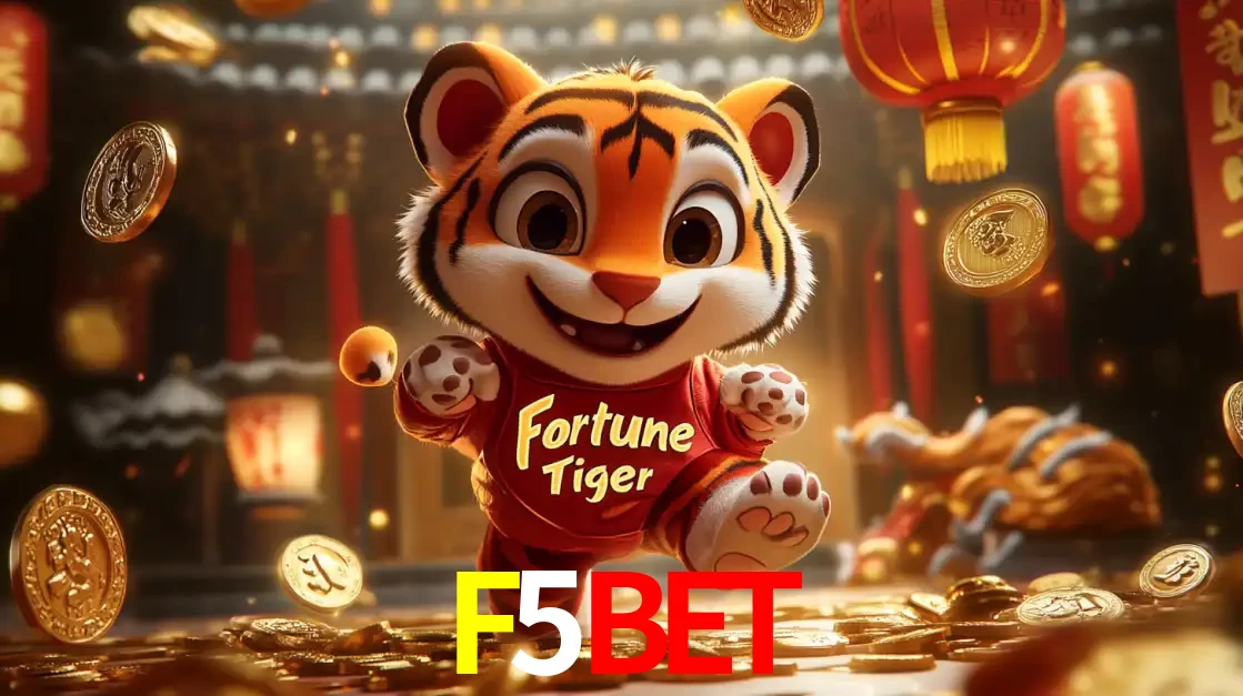 O alegre personagem do Fortune Tiger correndo sobre um caminho de moedas de ouro, simbolizando os grandes prêmios e a diversão do popular jogo de slot do F5BET.