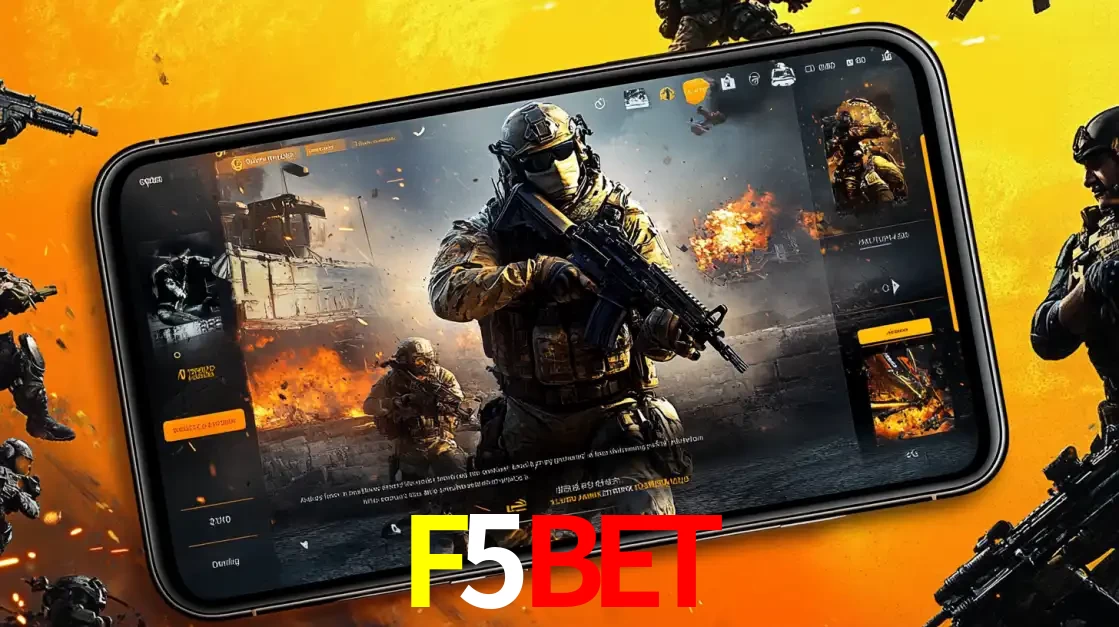 Um smartphone exibindo a interface de um jogo de tiro em primeira pessoa, com um soldado em um cenário de batalha, representando a ação dos e-sports para apostar no F5BET.