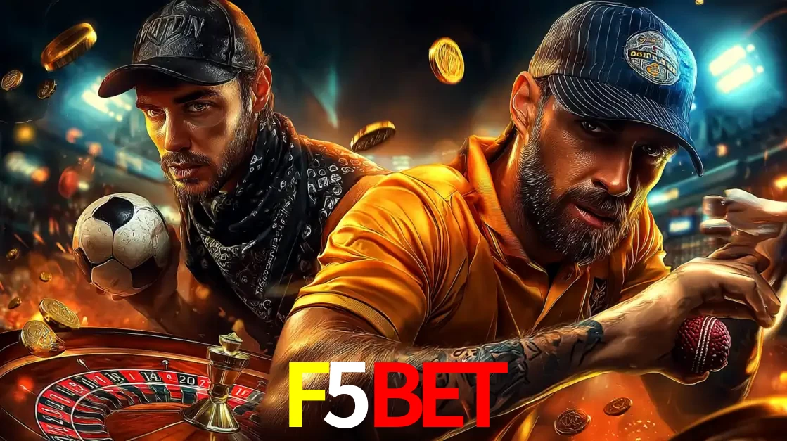 Montagem de apostas esportivas e cassino no F5BET, com um homem segurando uma bola de futebol e outro uma de beisebol sobre uma roleta e moedas voadoras.