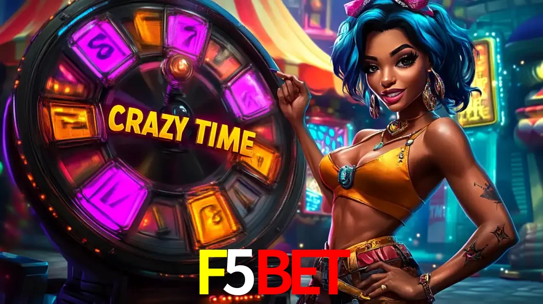 Mulher estilizada com cabelo azul e visual vibrante posando ao lado da roda de prêmios do game show Crazy Time, convidando para a diversão e os bônus do cassino F5BET.