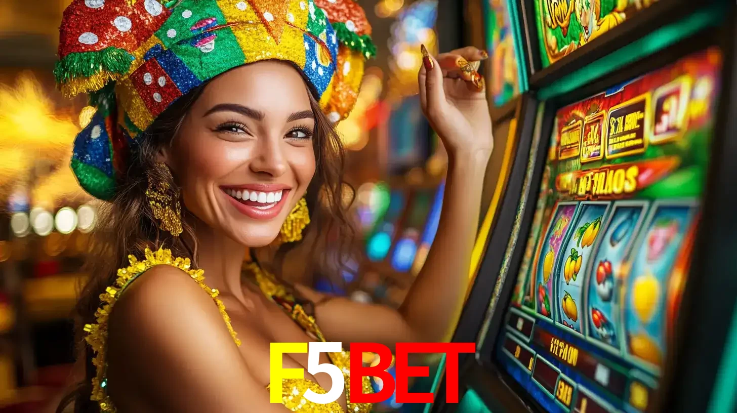 Mulher feliz com traje de carnaval amarelo e colorido ao lado de uma máquina de caça-níqueis, aproveitando a diversão e os jogos temáticos do cassino F5BET.