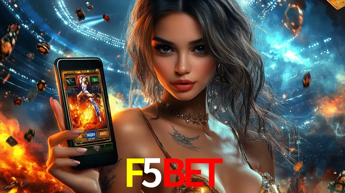 Mulher segurando um celular com um jogo de slot em destaque, tendo como fundo um estádio vibrante, simbolizando a emoção de jogar no cassino móvel F5BET.